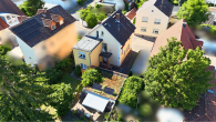 Drohnenaufnahme Rückseite - Freistehendes ZFH – bezugsfertiges OG + 43 m² Nutzfläche im DG, Garten + 2 Garagen